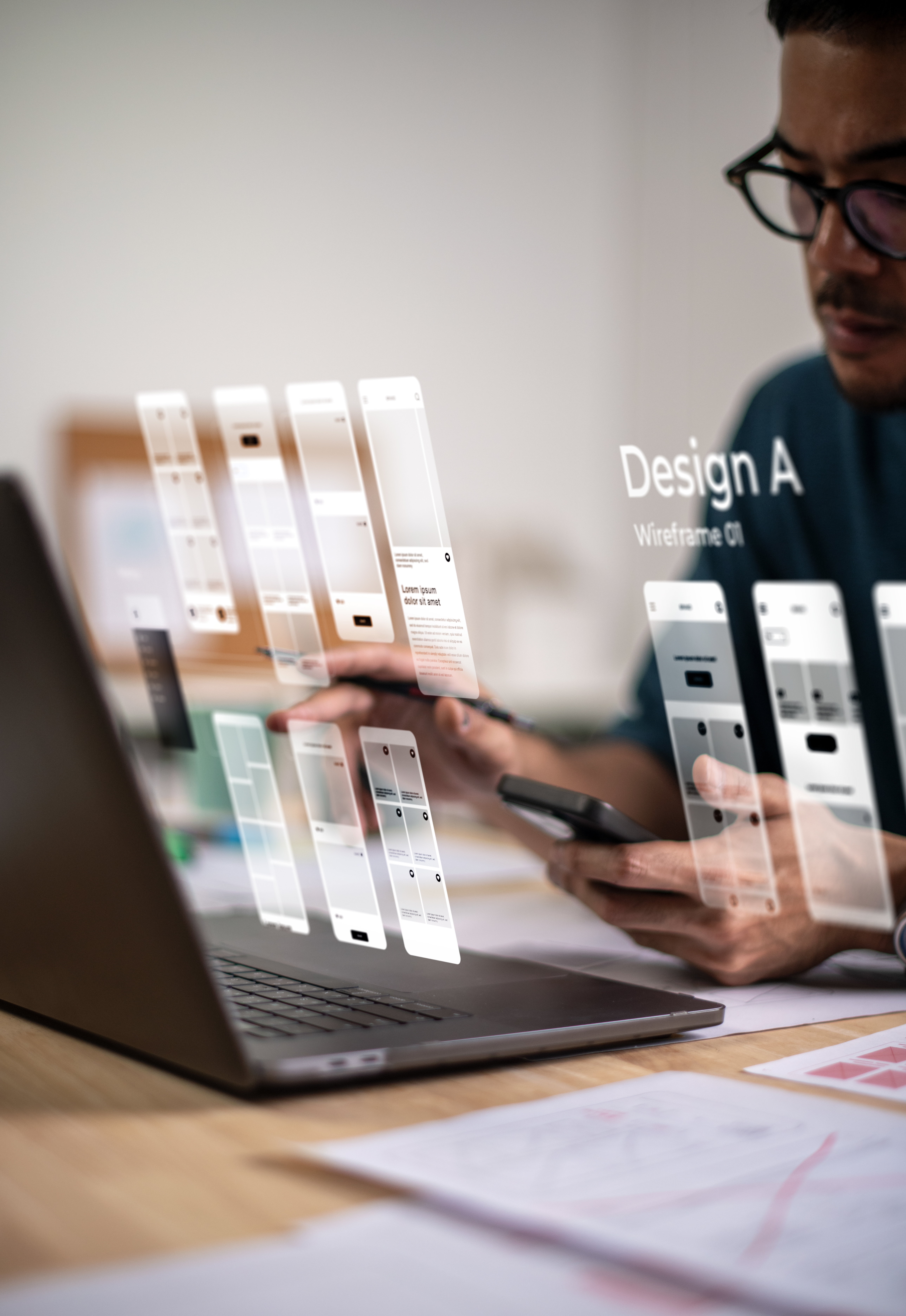 A male designer working on website prototype, in UX UI concept design  and development for a website and mobile app prototype, with hologram interface